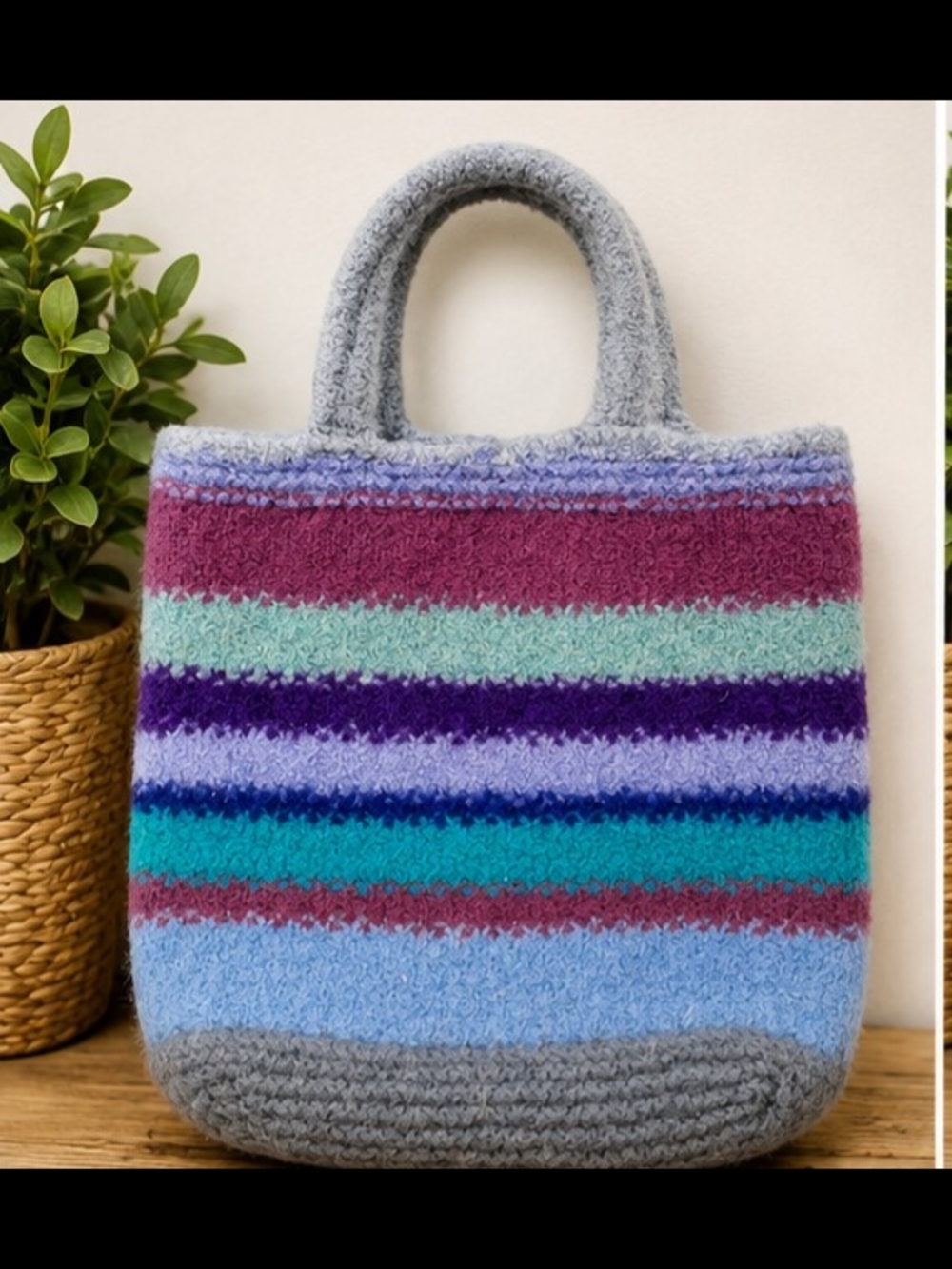 Vintage Handmade Felted Striped Wool Shoulder Tote Bag In Perfect Condition